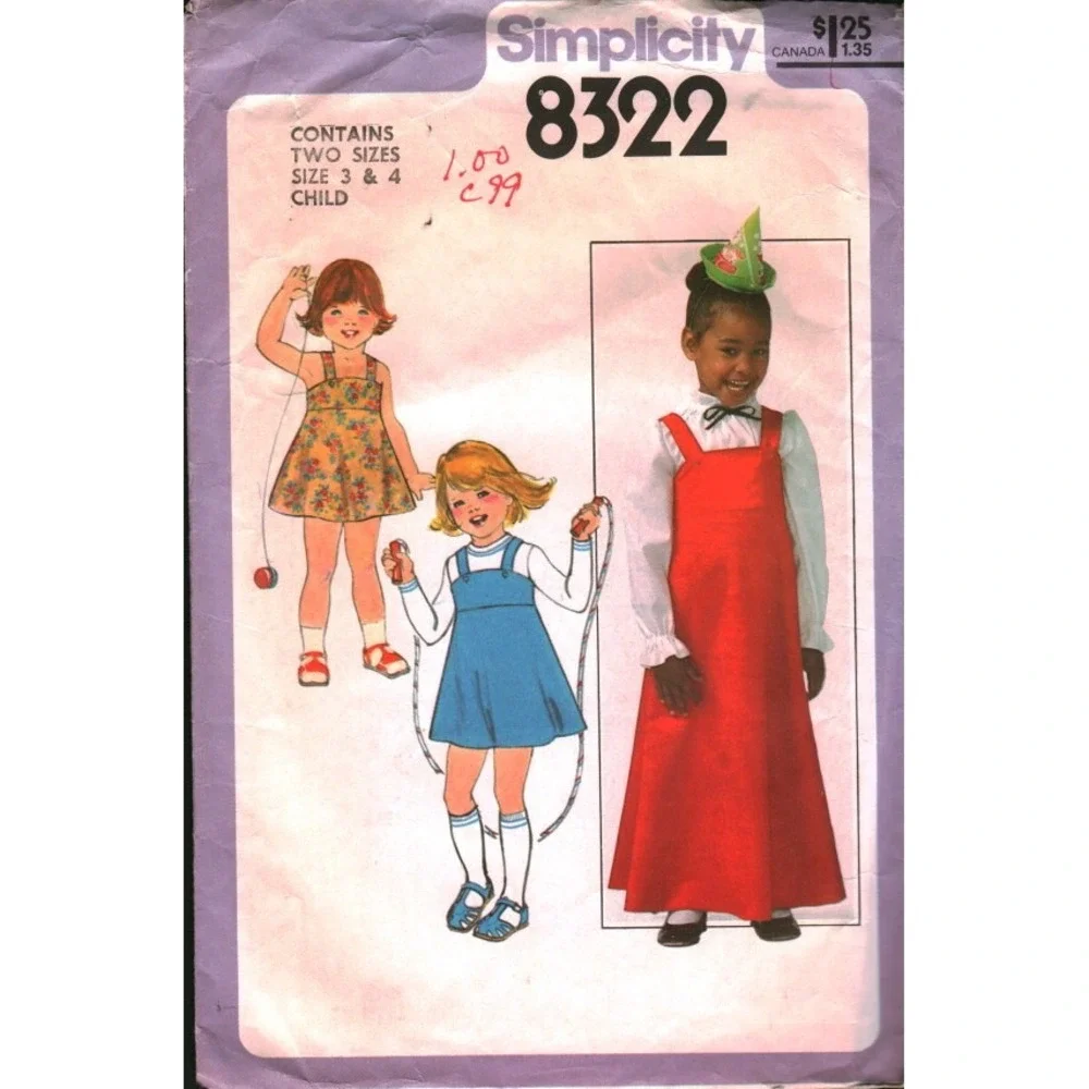 Vintage Simplicity 8322 Child Dress Jumper Sewing Pattern Size 3 4 Retro 1977‎